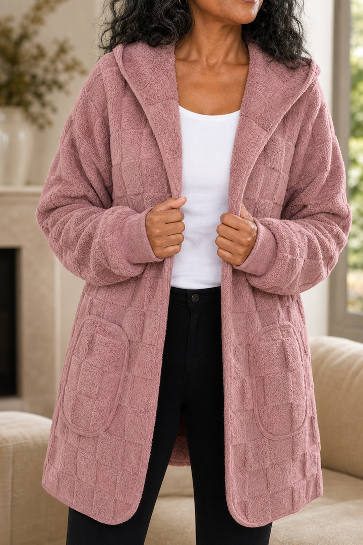 Plushden – Checkered Fuzzy Open-Front Cardigan