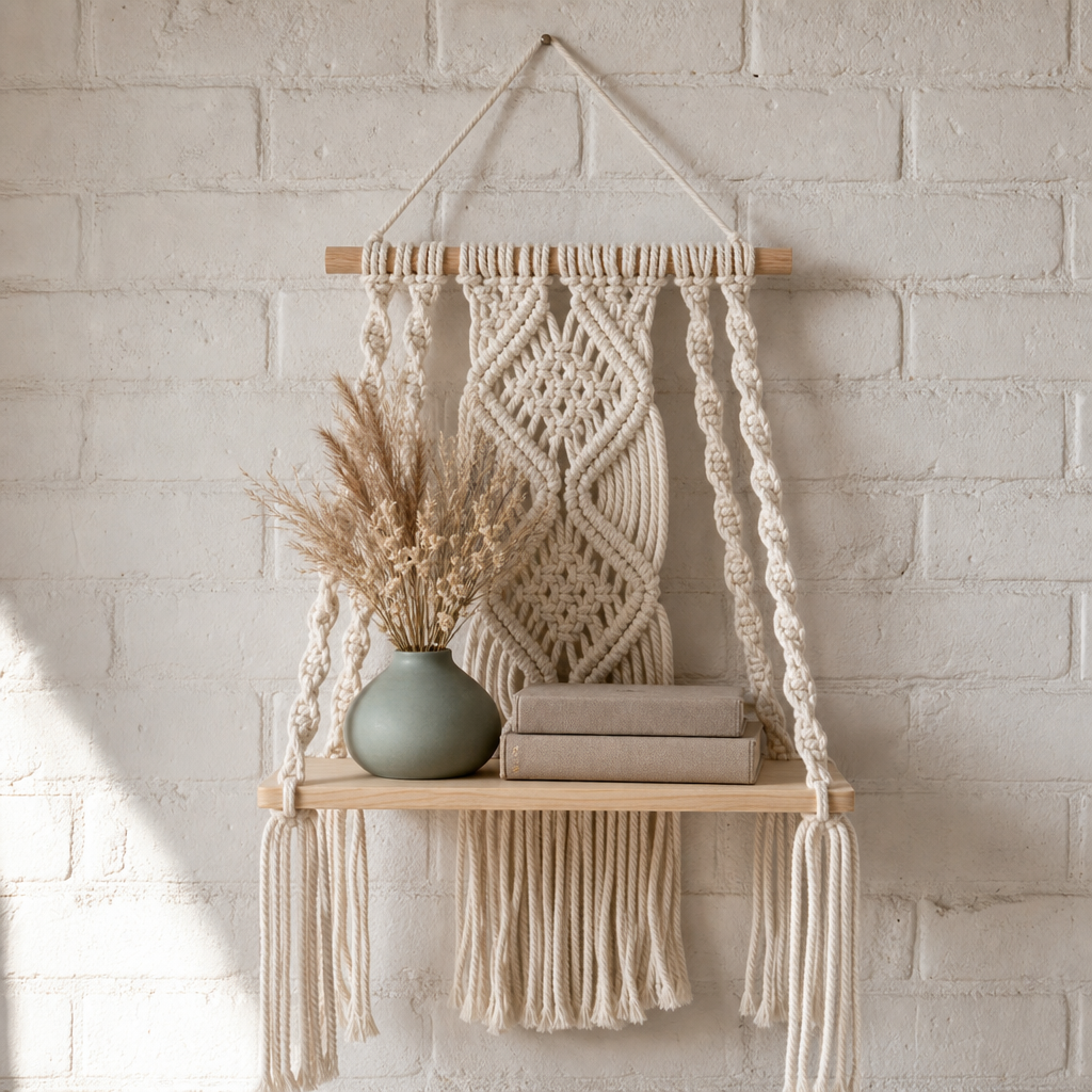 Woven Haven – Macramé Diamond Pattern Wooden Wall Shelf