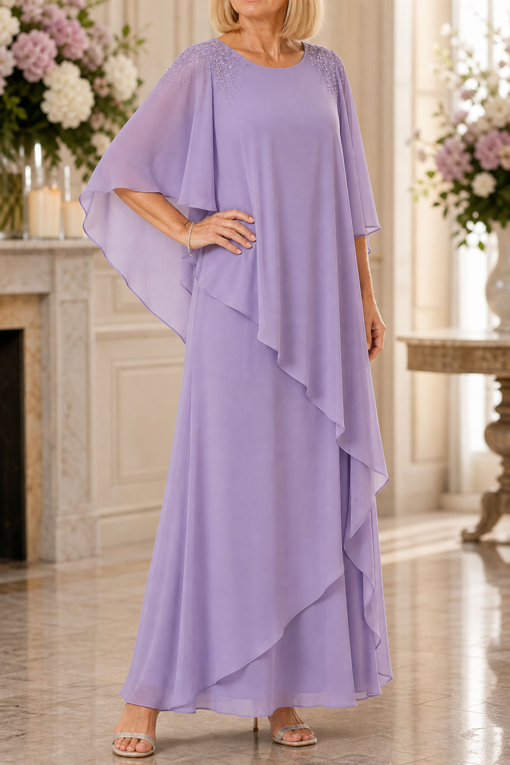 Vellamora – Cape Sleeve Layered Chiffon-Look Evening Gown