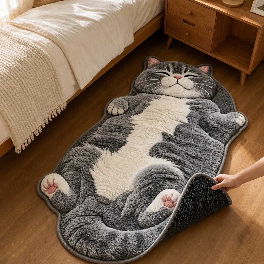 Tabby Tumble – Sleeping Cat-Shaped Plush Area Rug