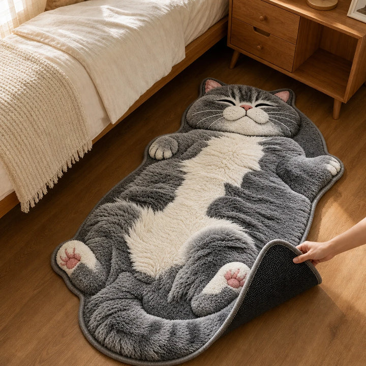 Tabby Tumble – Sleeping Cat-Shaped Plush Area Rug
