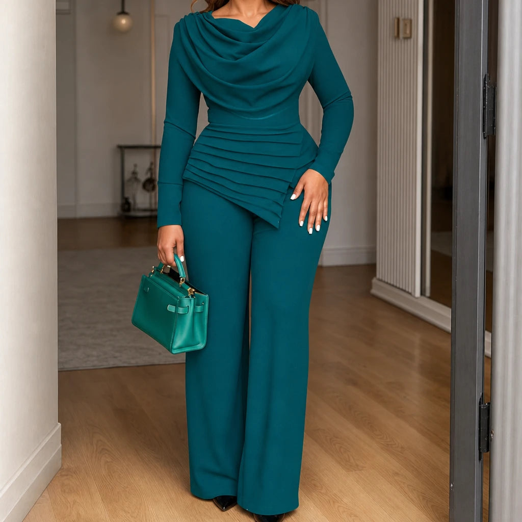 Cowl & Flow – Draped Cowl-Neck Top And Wide-Leg Pants Set
