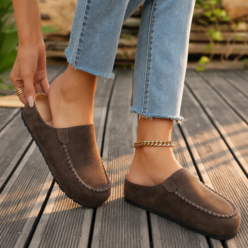 Daybella – Brown Backless Round-Toe Flat Shoes