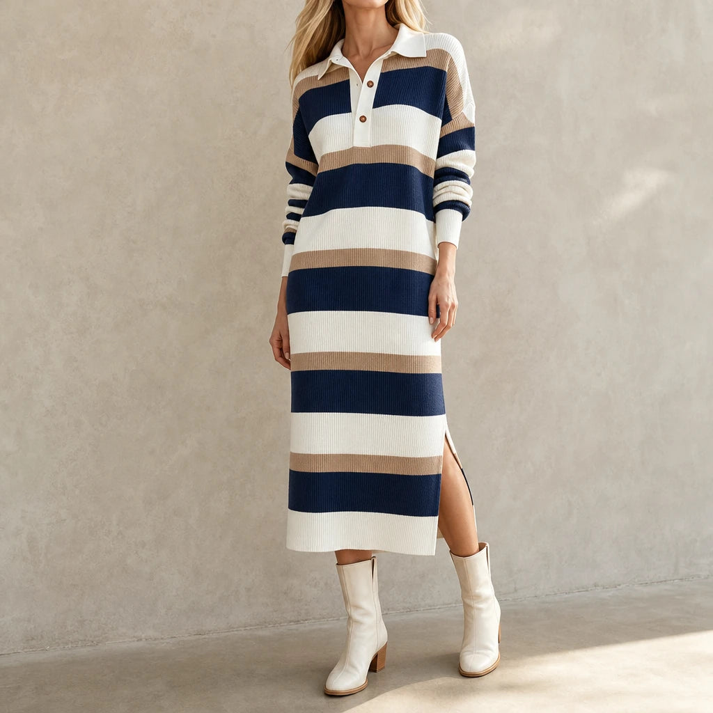 Collara – Striped Knit Polo-Collar Dress