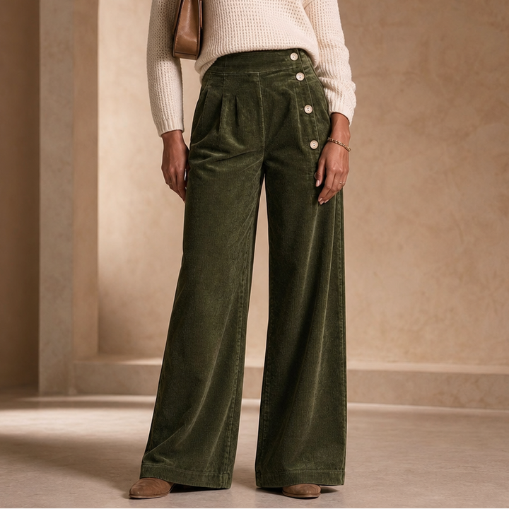 Cordelle – Asymmetrical Button-Front Pleated Wide-Leg Pants