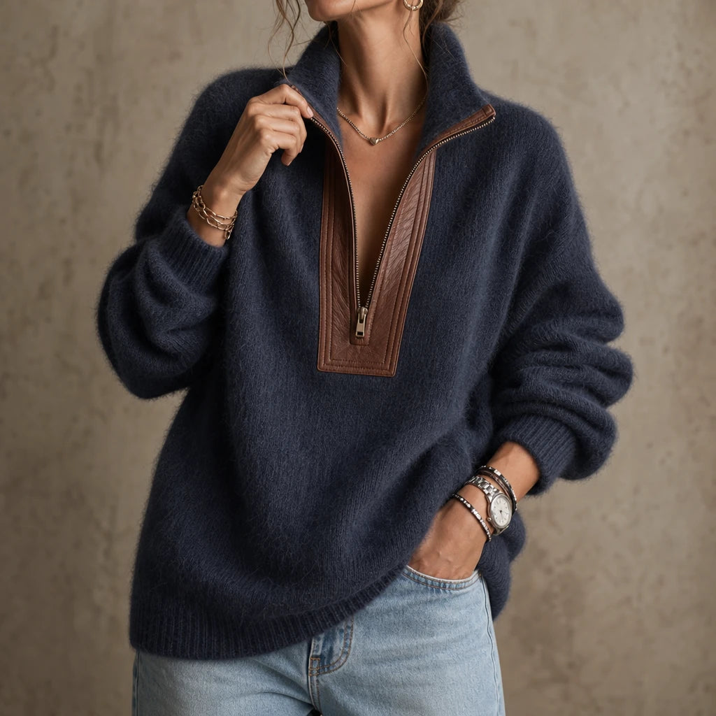 Cozyline – Fuzzy Contrast-Trim Half-Zip Sweater