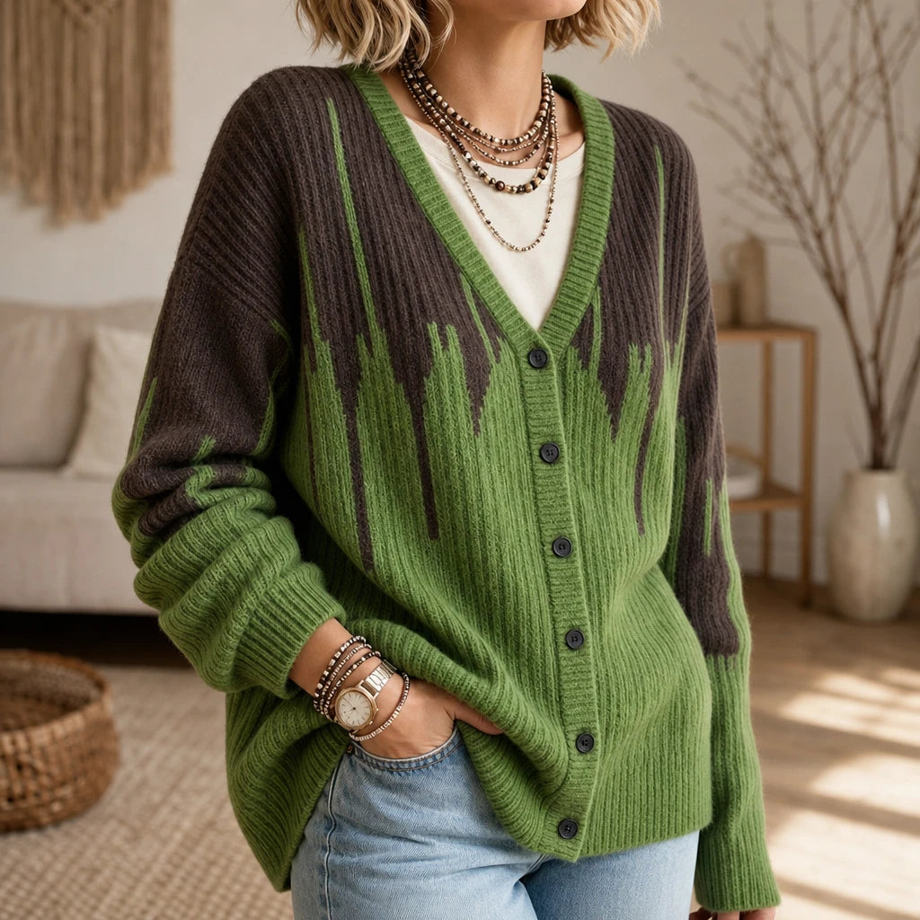 Verdant Brush Cardigan – Gradient Brushstroke Ribbed Knit Cardigan