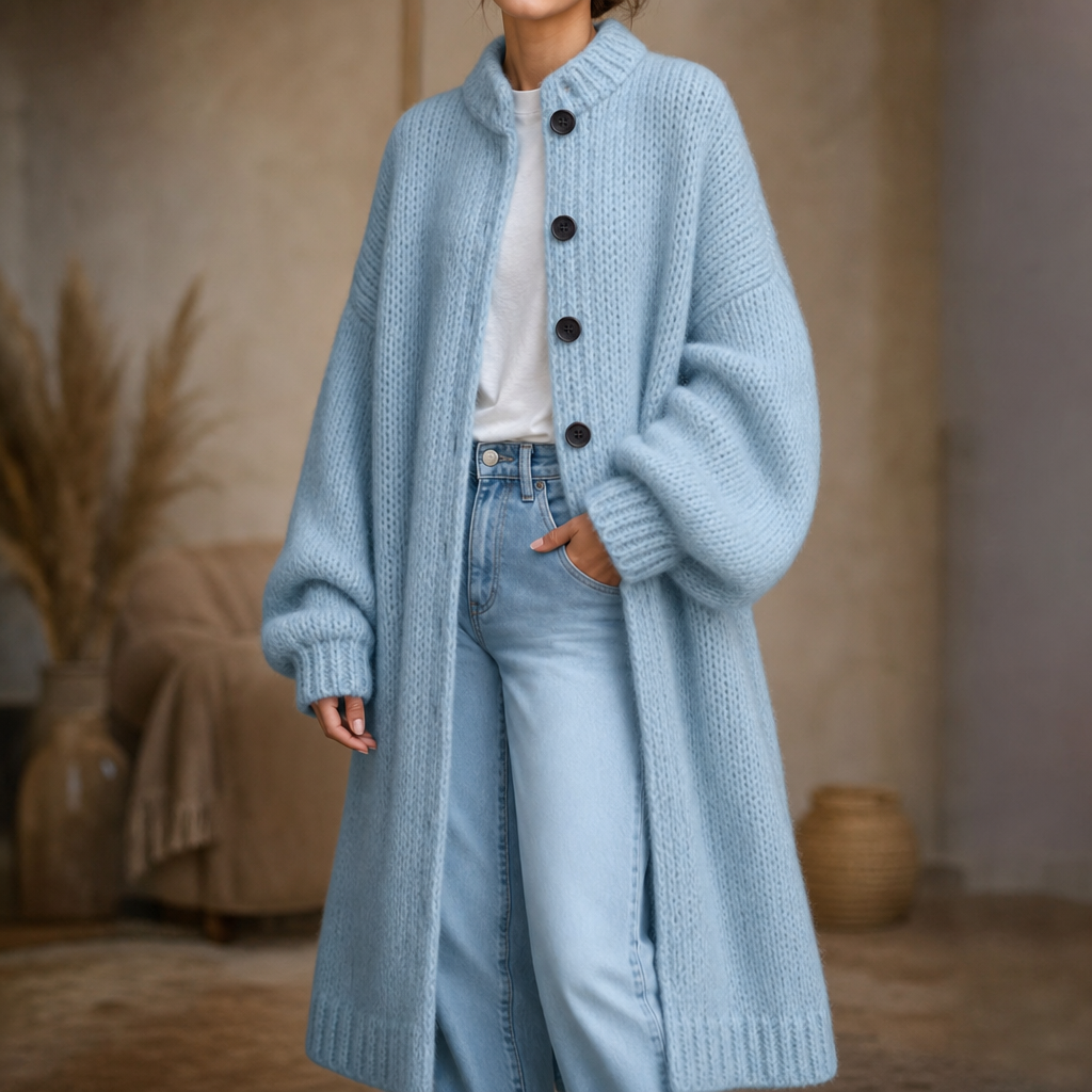 Wearbella – Chunky Knit Below-Knee Button-Front Sweater Coat