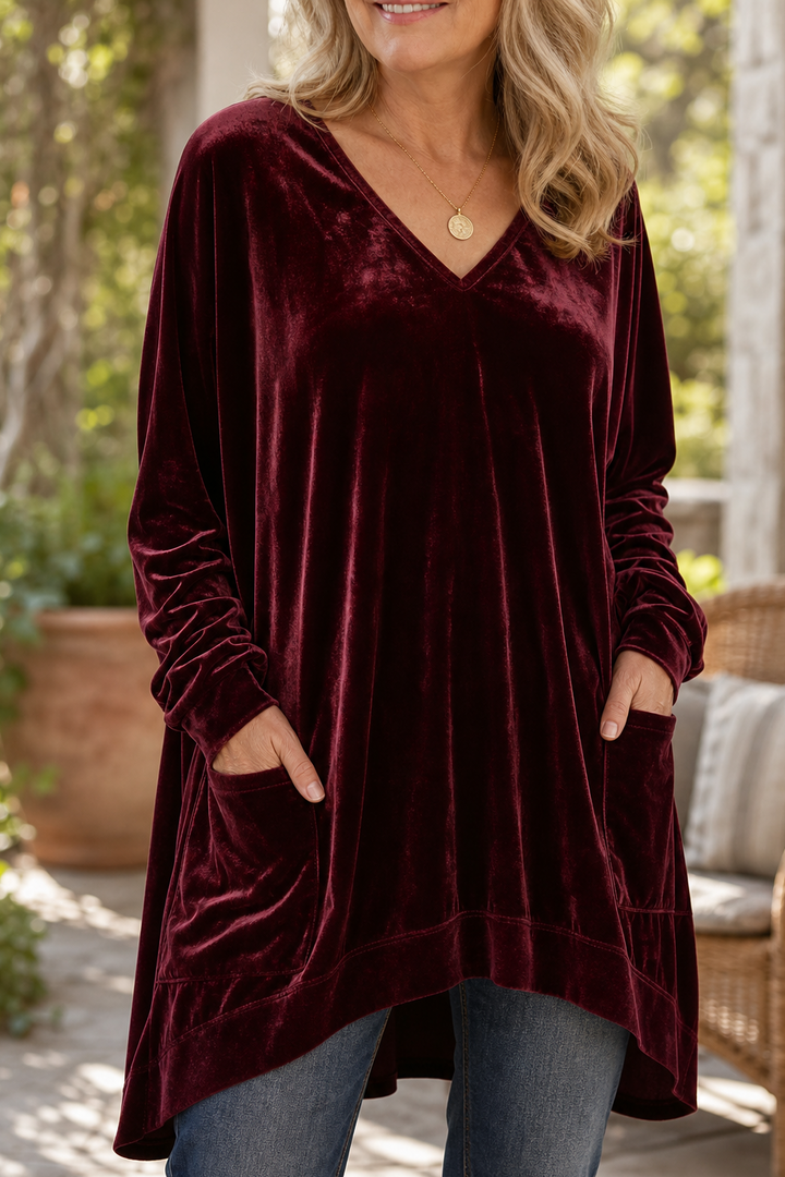 Velveau – Oversized Pocketed V-Neck Velvet Tunic
