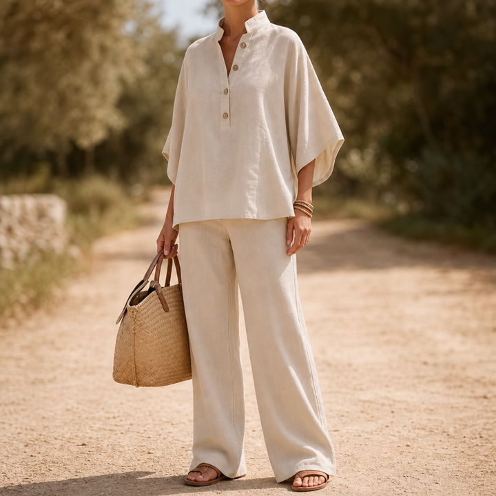 Wearlinne – Stand Collar Batwing Sleeve Linen Set