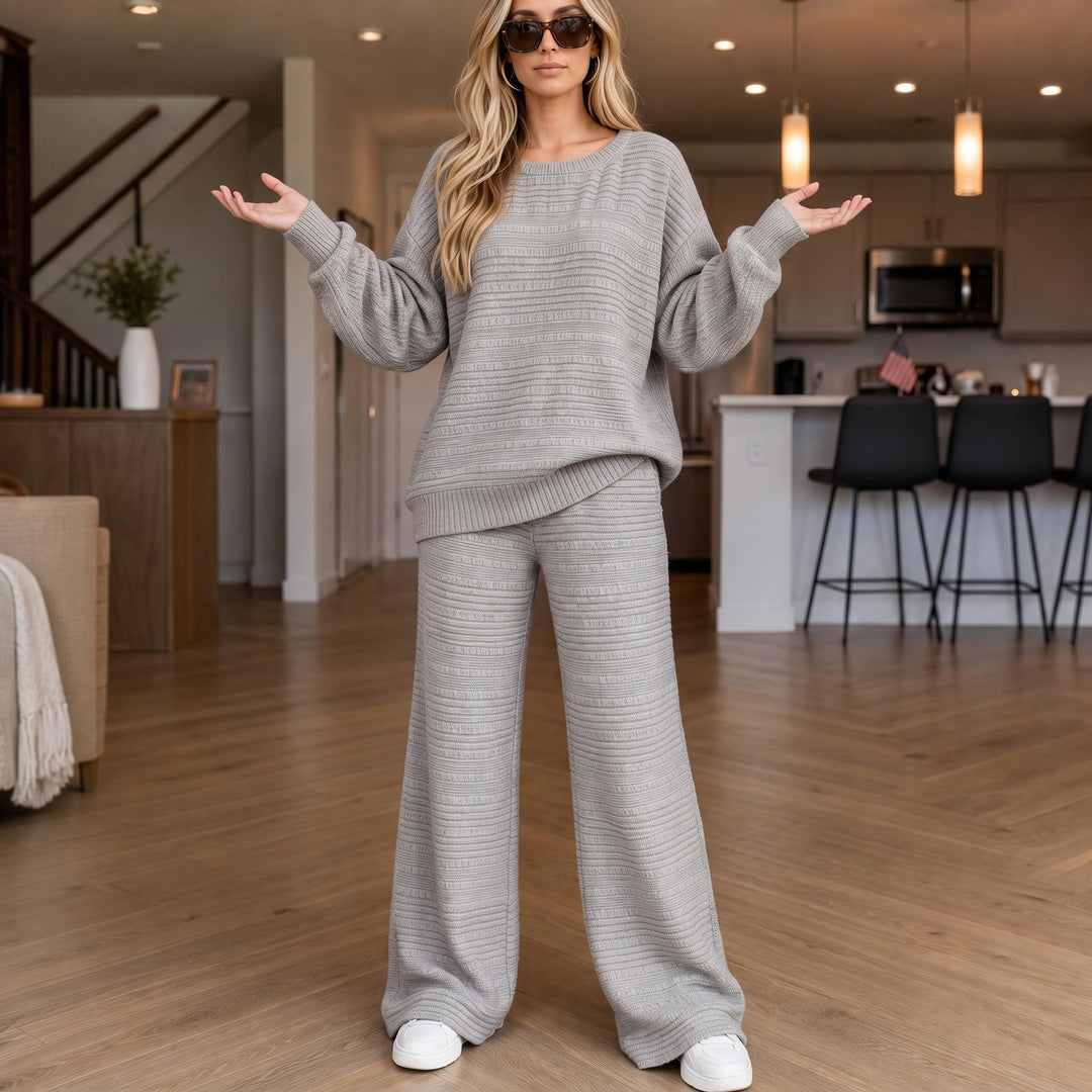 Wearbella – Ribbed Knit Top And Wide-Leg Pants Set