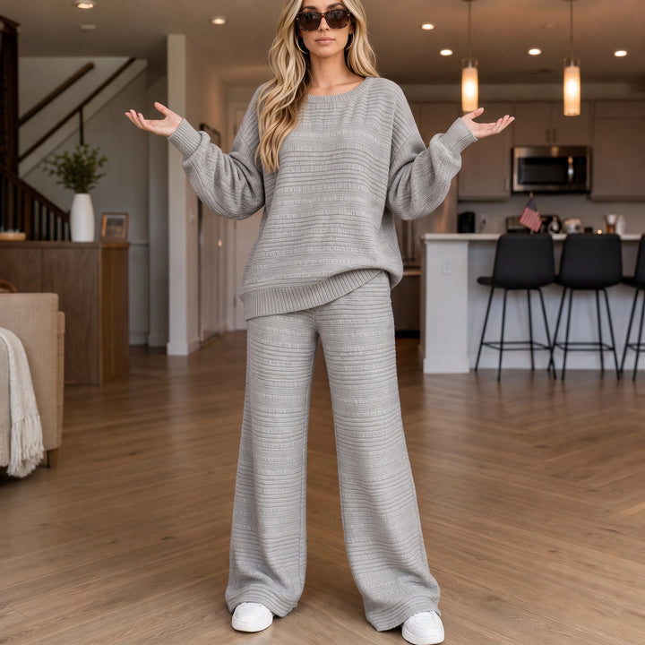 Wearbella – Ribbed Knit Top And Wide-Leg Pants Set