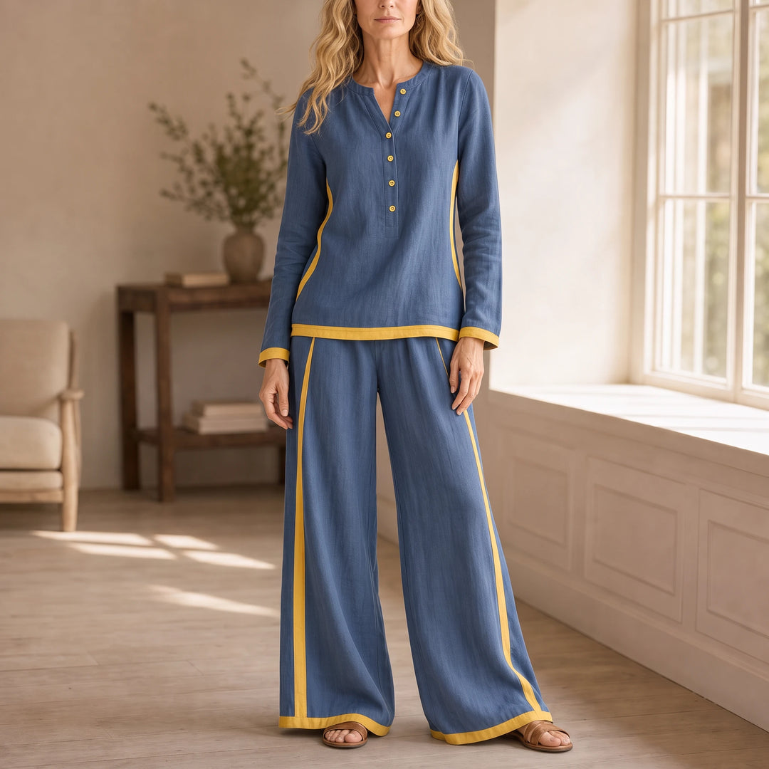 Modaform – Color-Block Long-Sleeve Top And Wide-Leg Pants Set