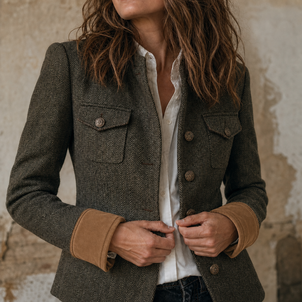 Herrivé – Contrast-Trim Herringbone Structured Blazer