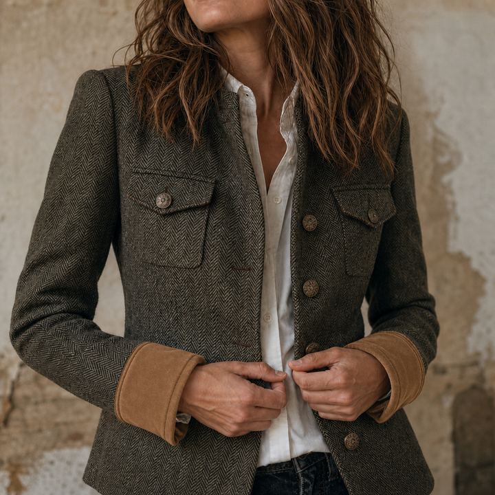 Herrivé – Contrast-Trim Herringbone Structured Blazer