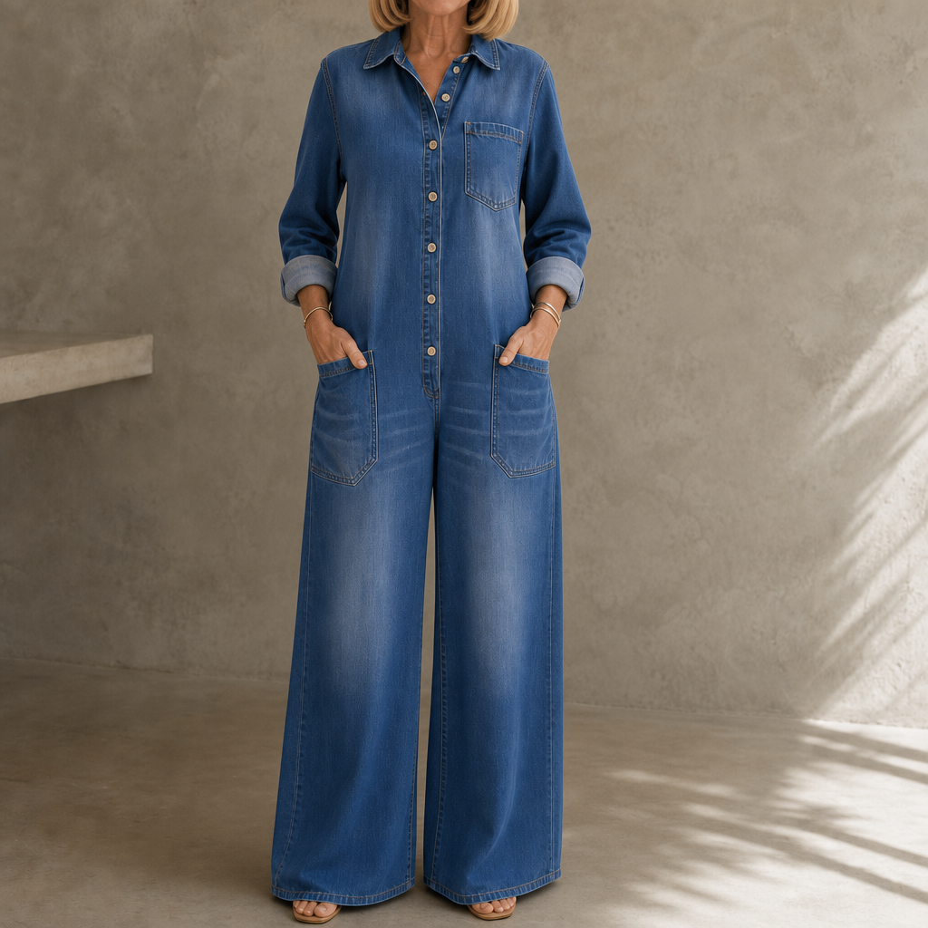 Everleigh – Wide-Leg Button-Front Denim Jumpsuit