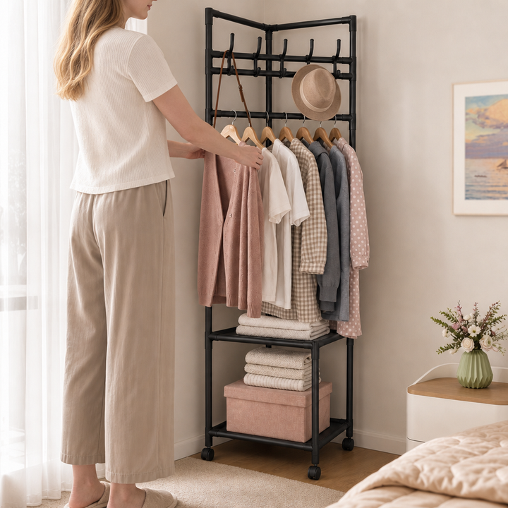 Nookstand – Space-Saving Garment Rack With Shelf And Hooks