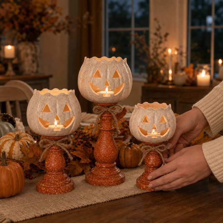 Harvestglow – Distressed Layered Pumpkin Candle Holder Trio (3-pack)