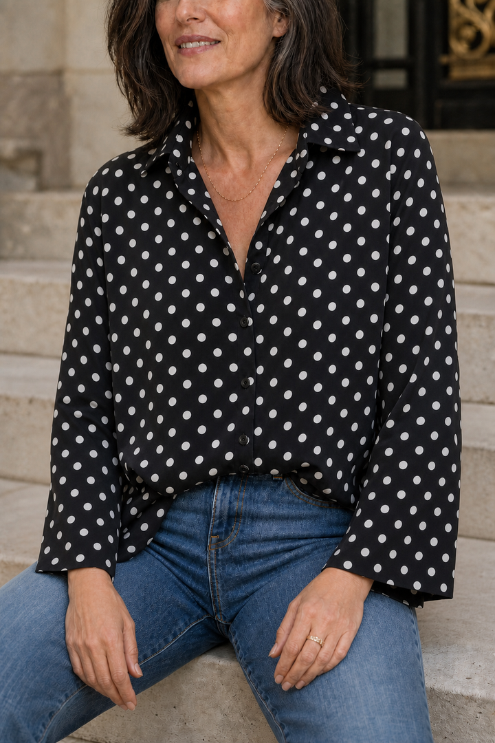 Wearbella – Polka Dot Lapel Long Sleeve Blouse