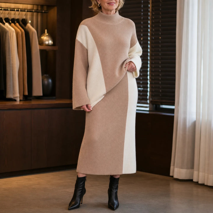 Vellora – Contrast Panel Sweater And Skirt Set