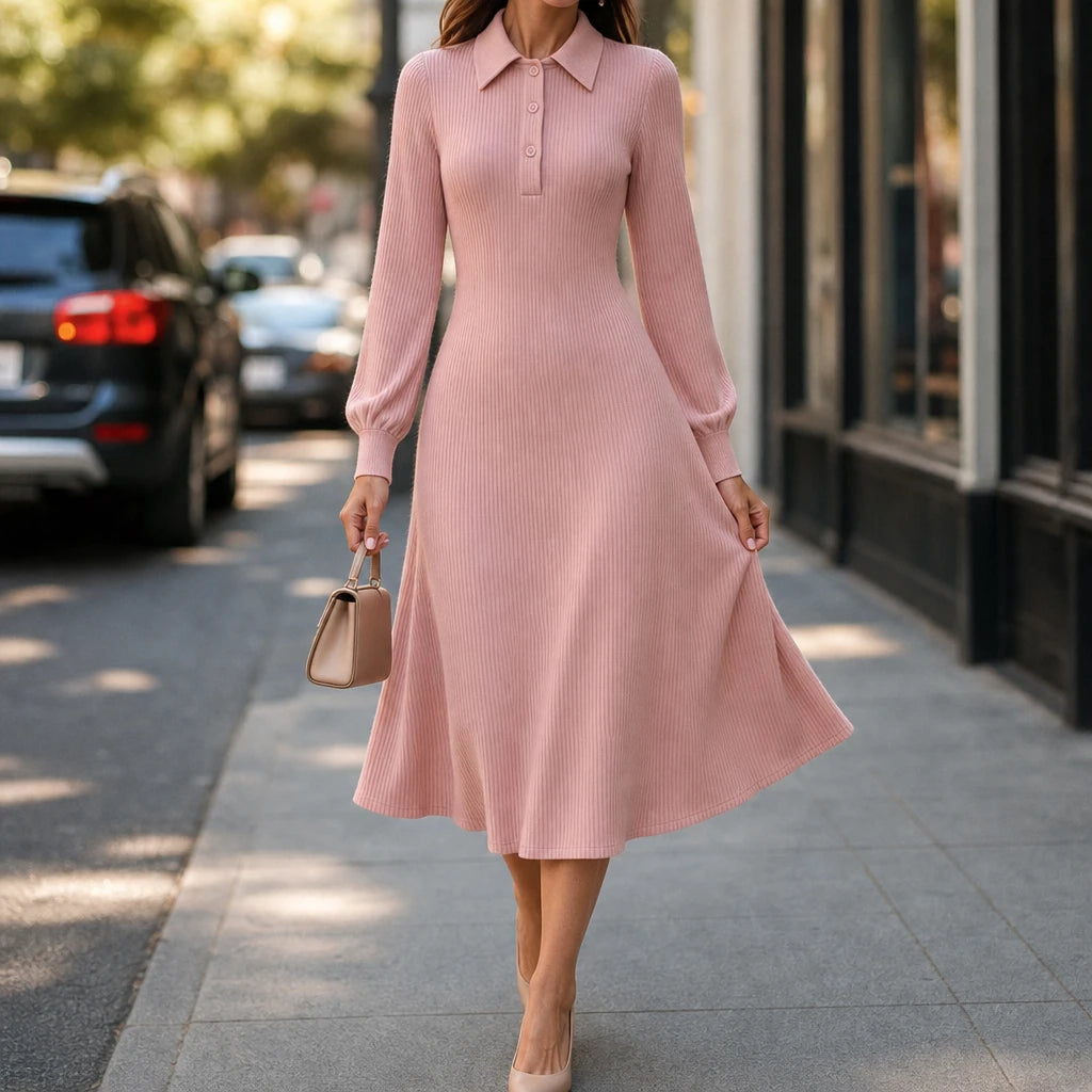 Lapella – Ribbed Knit Lapel Collar Midi Dress