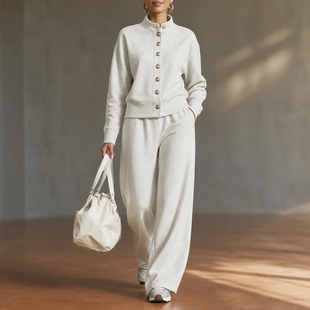 Easewell – French Terry Button-Up Jacket And Wide-Leg Pants Set ...