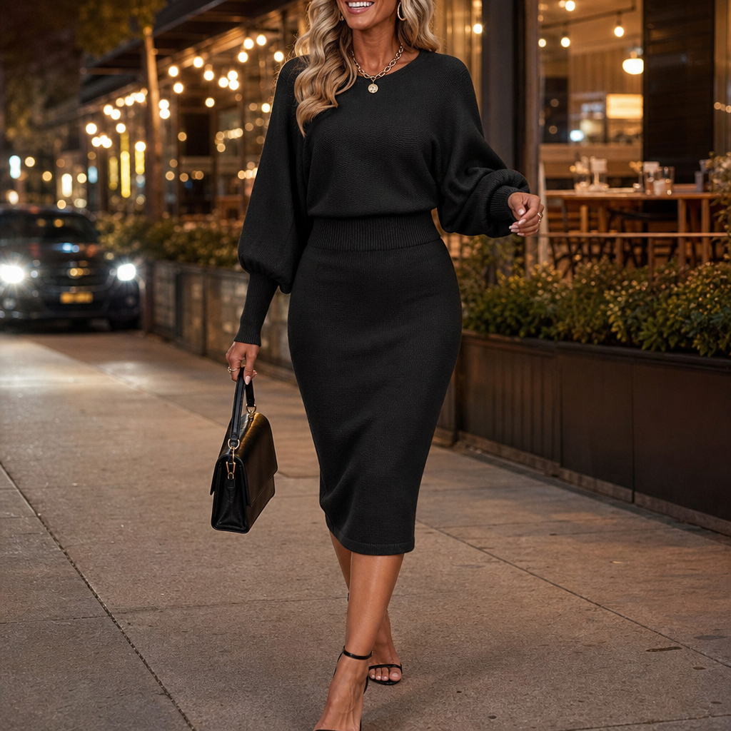 Veloura – Bat-Sleeve Wrap Knit Two-Piece Dress Set