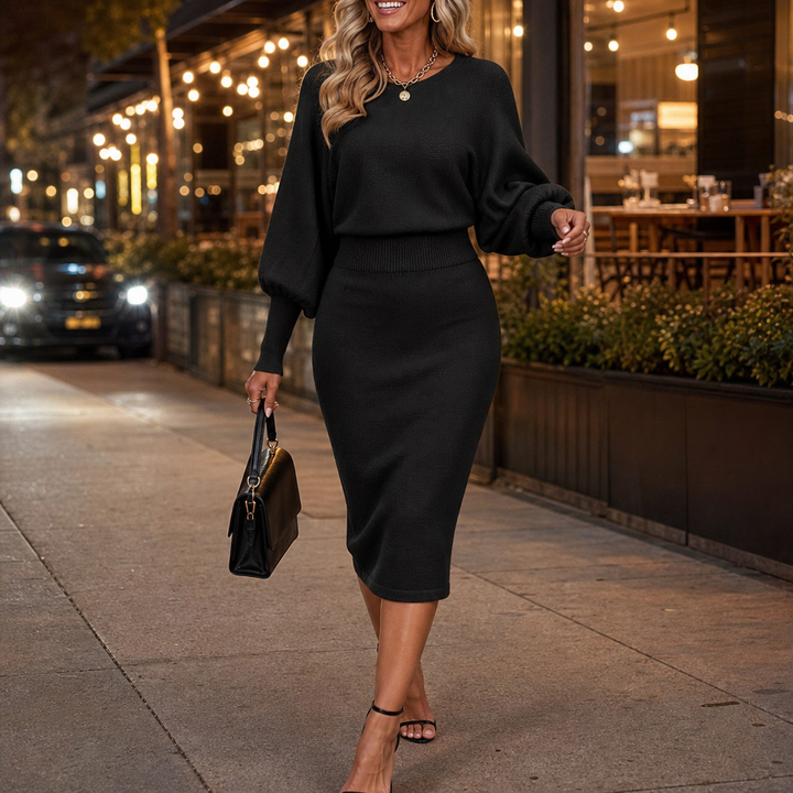 Veloura – Bat-Sleeve Wrap Knit Two-Piece Dress Set