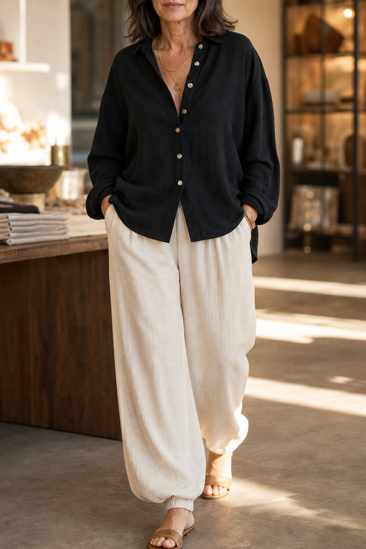 Verlyne – Relaxed Button-Front Shirt And Draped Pants Set