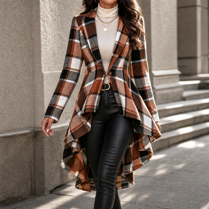 Wearbella – Cinched-Waist High-Low Plaid Peplum Coat