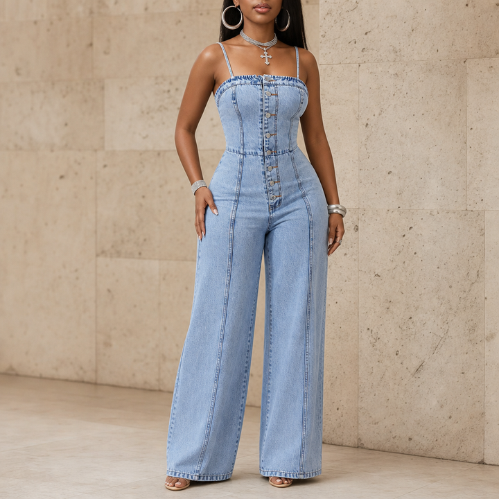 Wearbella – Wide Leg Spaghetti Strap Denim Jumpsuit