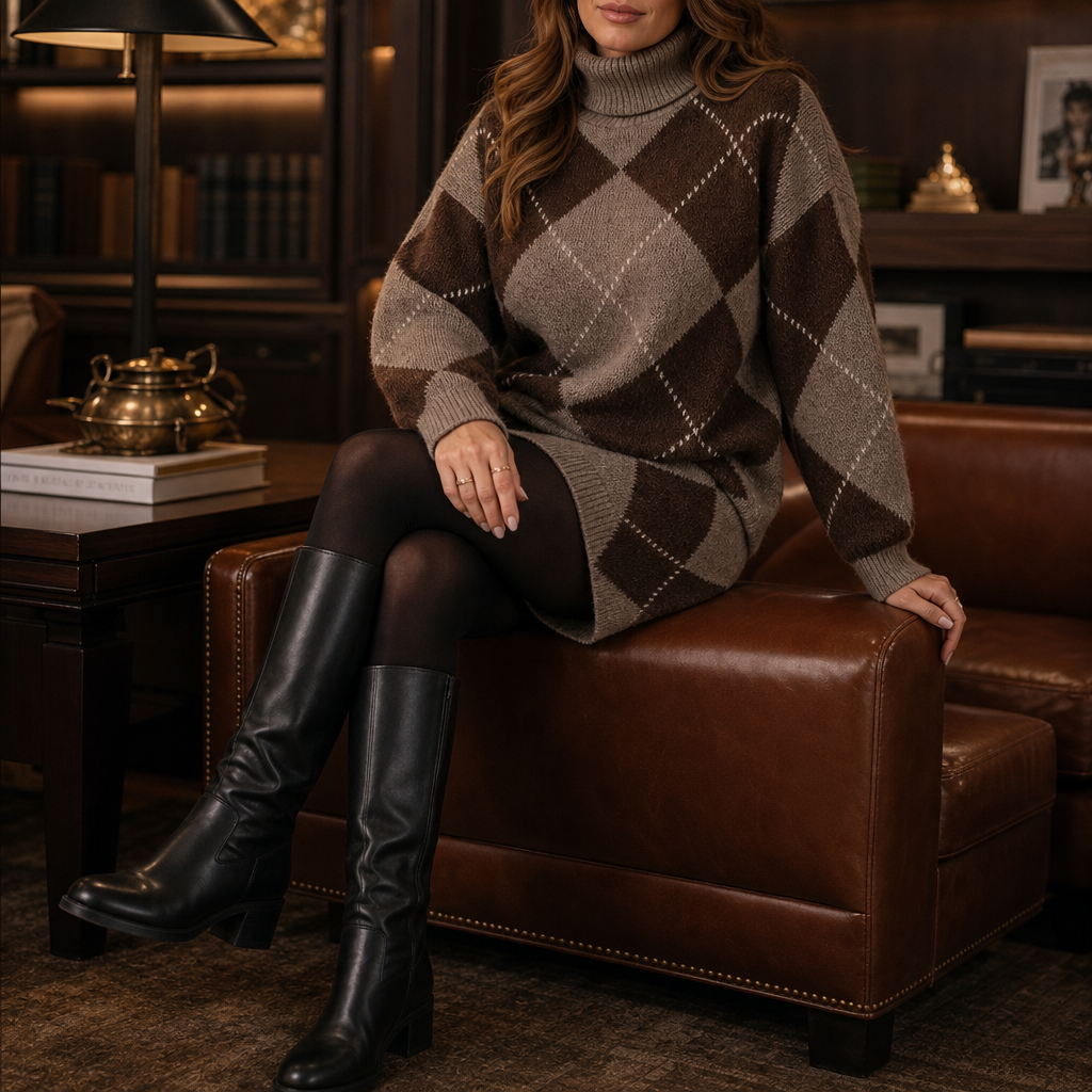 Wovelle – Argyle Knit Sweater And Skirt Set