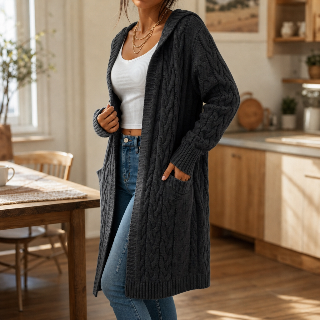Wrapetta – Hooded Longline Cable-Knit Cardigan