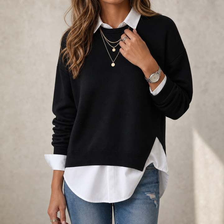 Averlyn – Layered Mock Shirt Collar Crewneck Sweatshirt