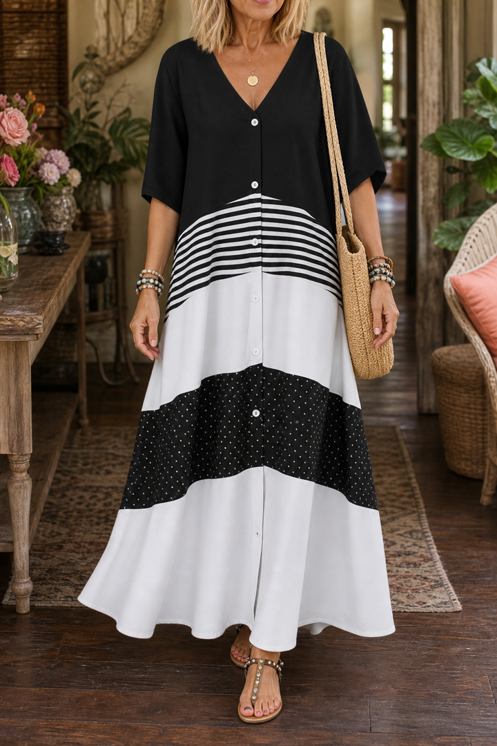 Lineluxe – V-Neck Button-Up Flowy Maxi Dress