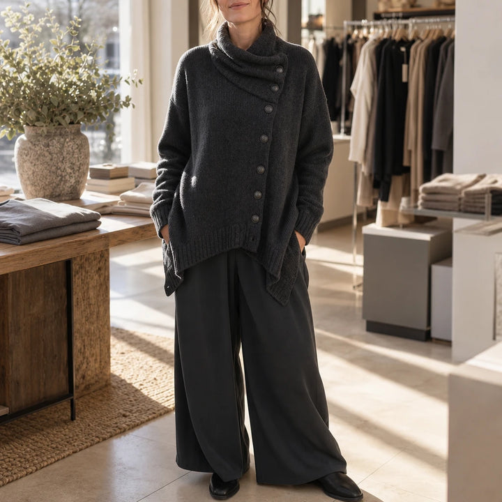 Velora – Asymmetric Draped High-Collar Knit Pullover