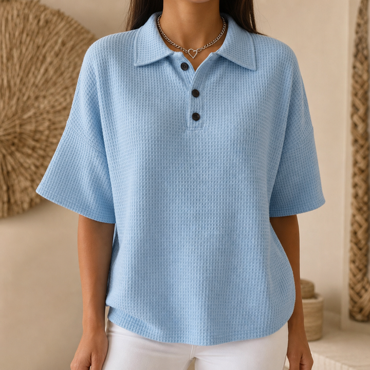 Waffield – Waffle-Knit Open-Collar Polo Blouse