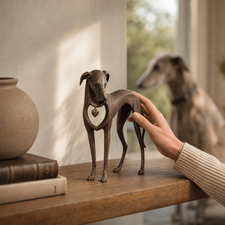 Hound & Heart – Aged Bronze Sighthound Sculpture With Hanging Heart
