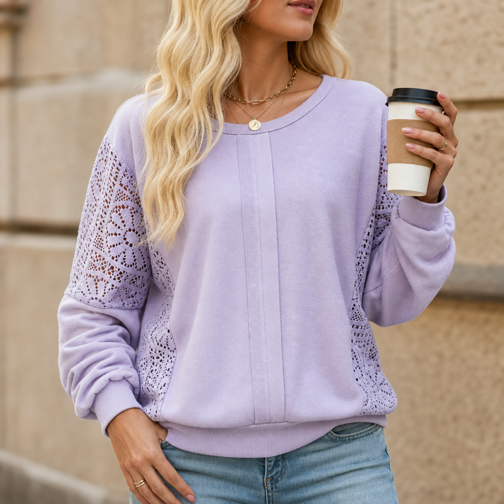 Lacebella – Floral Lace Panel Lantern-Sleeve Sweatshirt