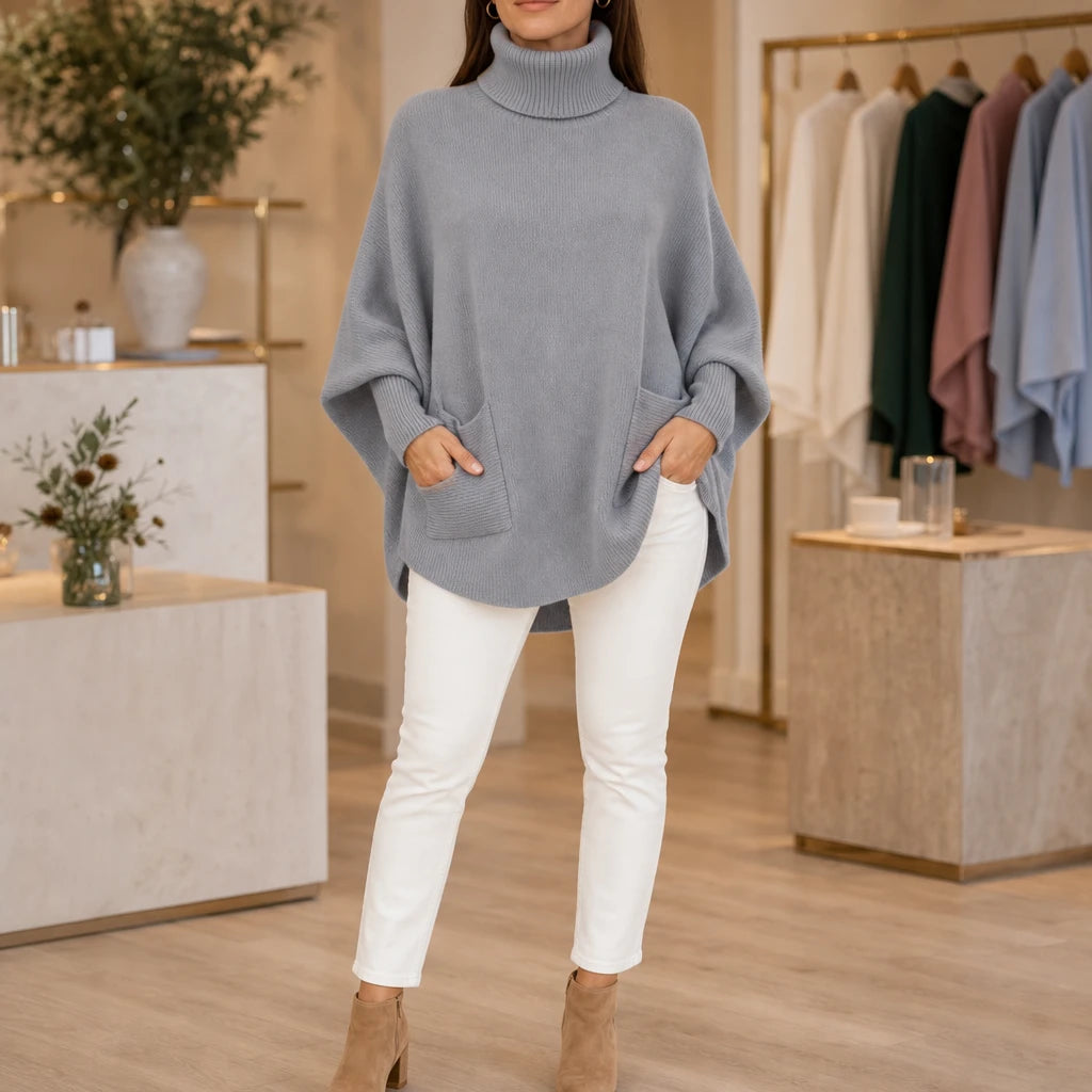 Veloura – Oversized Turtleneck Pocket Poncho Sweater