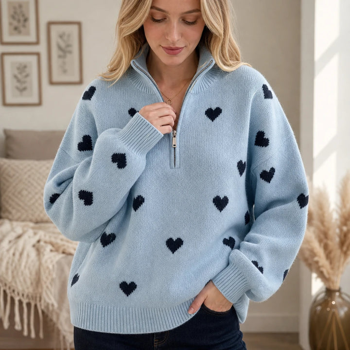 Lovelle – Heart-Pattern Quarter-Zip Sweater