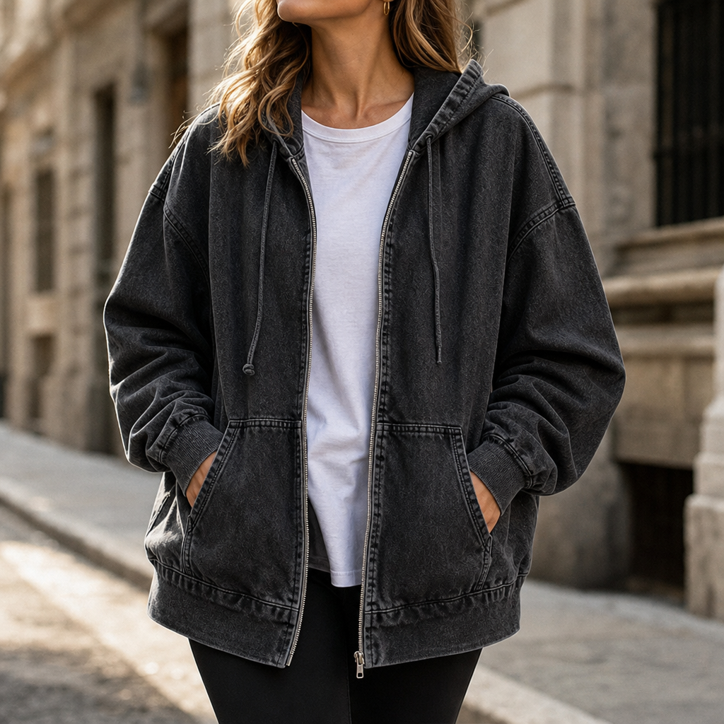 Denim Muse – Oversized Washed Denim Zip-Up Hoodie Jacket