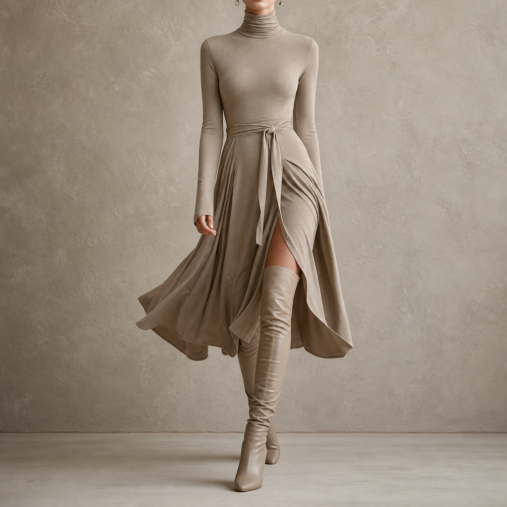Vellara – Turtleneck Wrap Slit Knit Midi Dress
