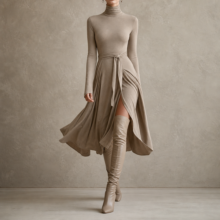 Vellara – Turtleneck Wrap Slit Knit Midi Dress