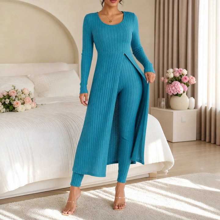 Ribella – Ribbed Side-Slit Tunic And Slim-Fit Pants Set