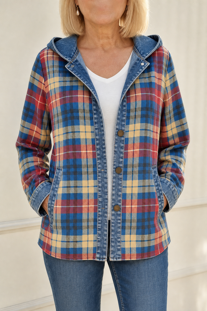 [BrandName] – Denim-Trim Hooded Knit Cardigan