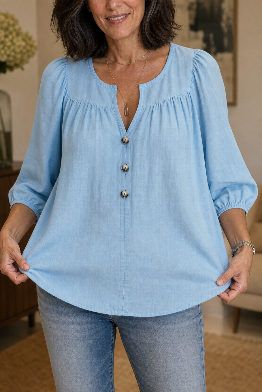 Wearbella – Gathered V-Neck Puff Sleeve Blouse
