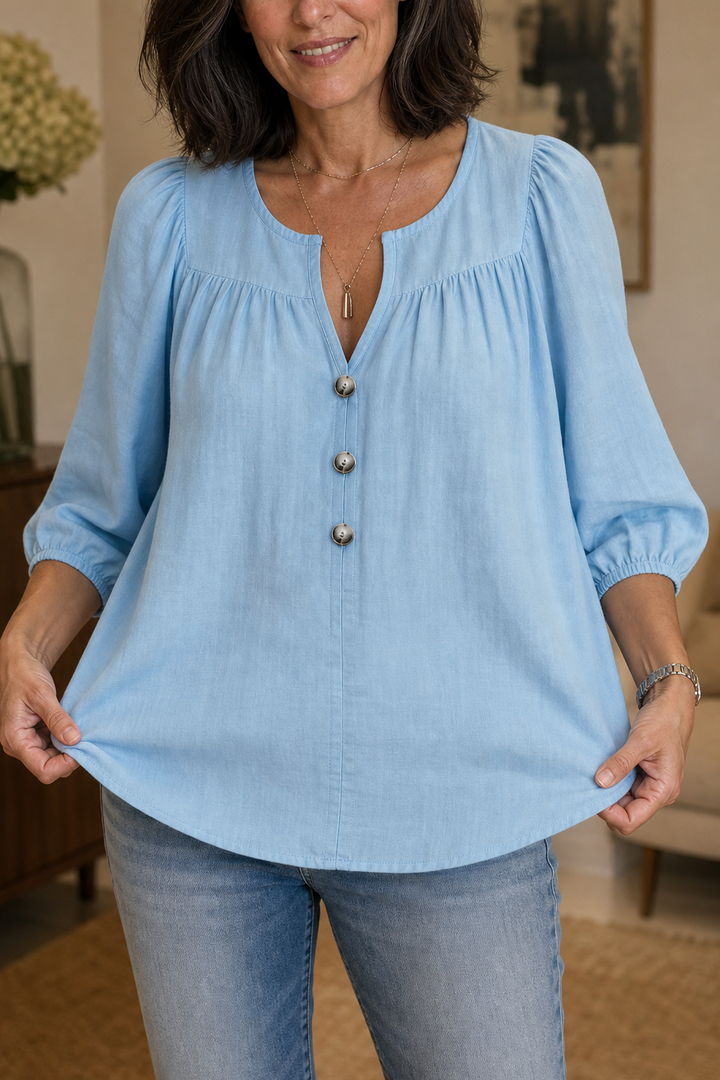 Wearbella – Gathered V-Neck Puff Sleeve Blouse