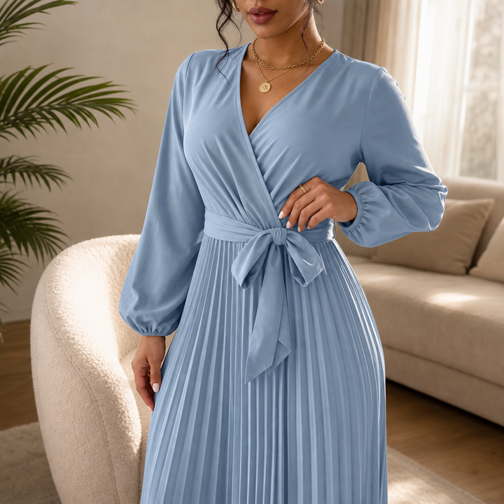 Lunavia – Pleated Wrap-Neck High-Waisted Maxi Dress