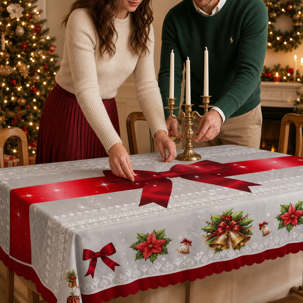 Holly & Hearth – Red Bow Printed Christmas Tablecloth
